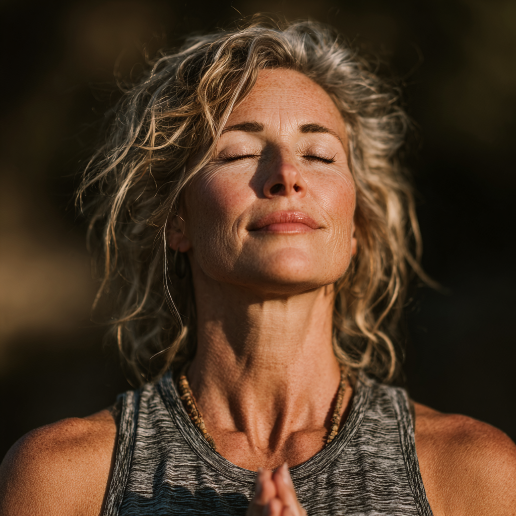 Serene middle-aged woman in her early 50s practicing yoga meditation pose outdoors in natural lighting, wearing comfortable athletic wear, with peaceful facial expression showing inner calm and mindfulness during her wellness journey