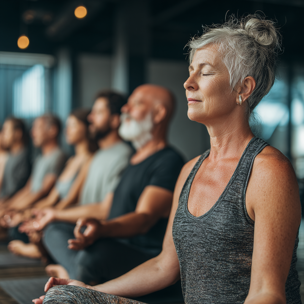 Diverse group of mature adults aged 45-55 practicing yoga together in a bright modern studio, showing inclusive community atmosphere with people of different backgrounds supporting each other during their wellness journey